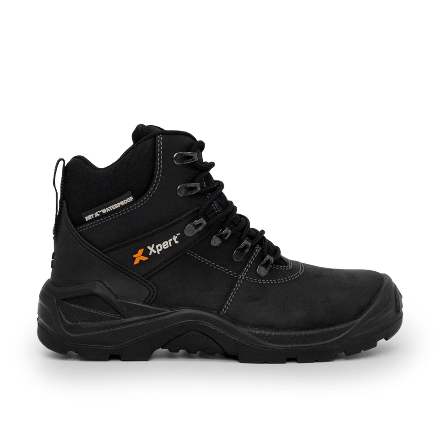 The Cottonmount Xpert Typhoon Waterproof S3 Safety Boot Black is a black safety boot with a steel toecap, featuring multiple eyelets for laces and designed for durability and comfort.