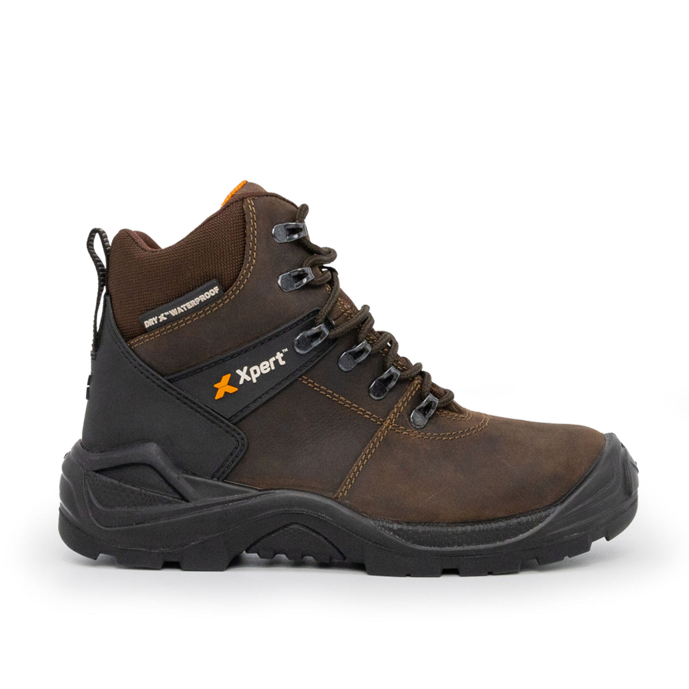 The Xpert Typhoon Waterproof S3 Safety Boot from Cottonmount is a brown boot featuring a black sole and black accents, equipped with a steel toecap for enhanced protection. The brand name "Xpert" is displayed in white and orange on the side.