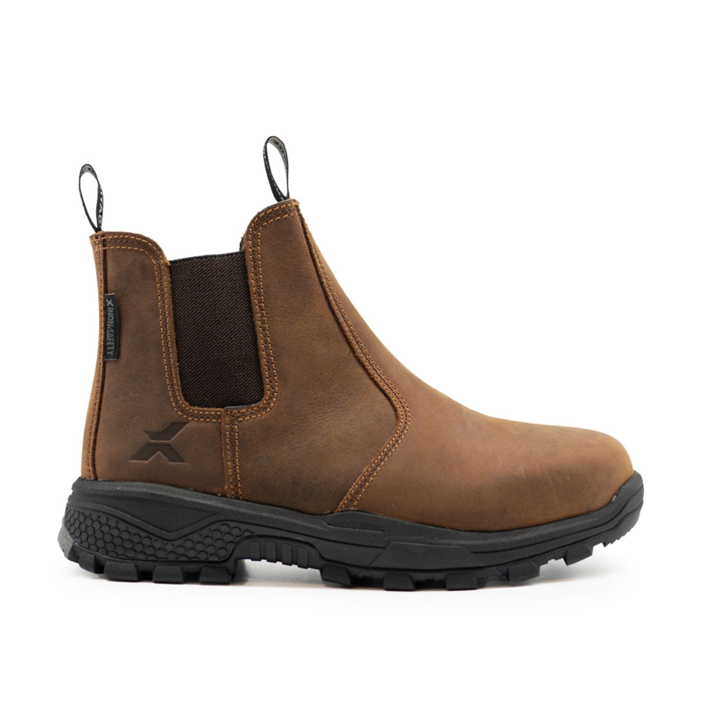 Introducing the Cottonmount Xpert Heritage Dealer S3L Safety Boot Brown: a water-resistant leather, single brown ankle-high boot featuring black elastic side panels and a rugged black rubber sole, viewed from the side.