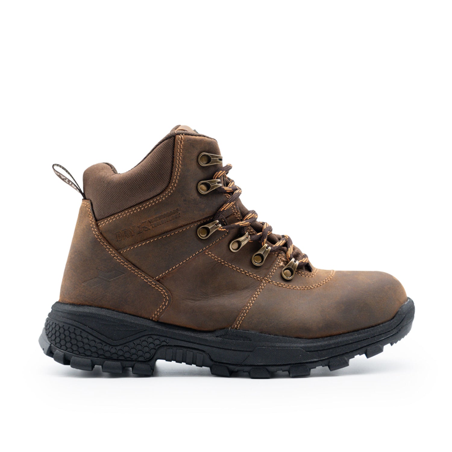 The Cottonmount Xpert Heritage Explorer Waterproof Hiking Boot in brown, featuring a black treaded sole, metal eyelets for laces, and a slip-resistant outsole, is shown in a side profile against a white background.