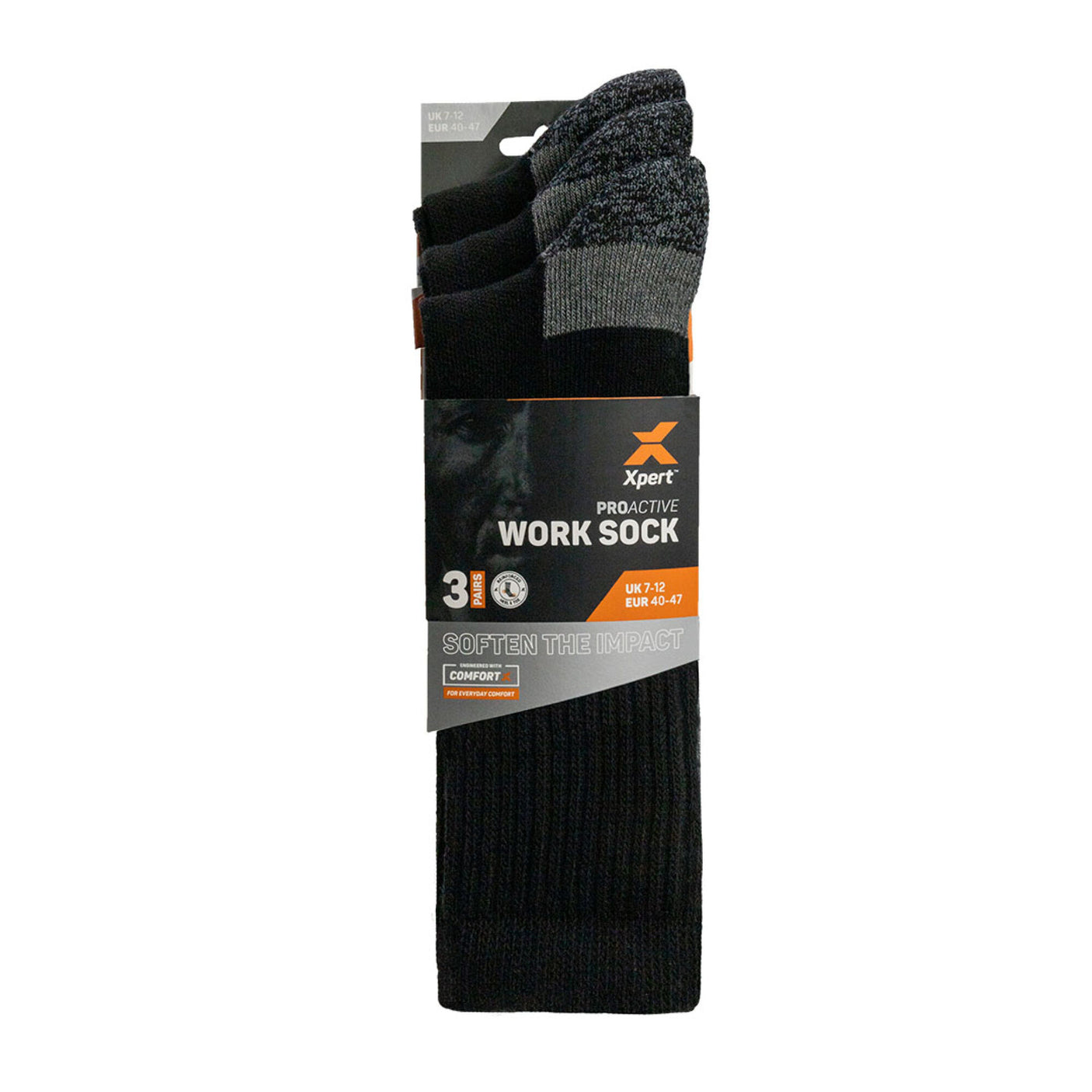 Cottonmount's Xpert Pro Active Work Sock 3 Pack in Black, suitable for UK sizes 7-10, offers maximum comfort with its "Softens the Impact" label. Featuring breathable mesh design, these socks ensure your feet stay cool and comfortable all day long.