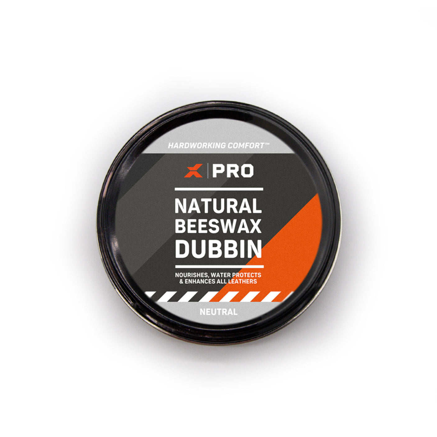 A round container of Xpert Pro Wax Natural Beeswax Boot Dubbin (80GM Neutral) by Cottonmount, designed to nourish, protect, and enhance all types of leather. The label is adorned with black, orange, and white colors and indicates that it is neutral and made from natural ingredients.