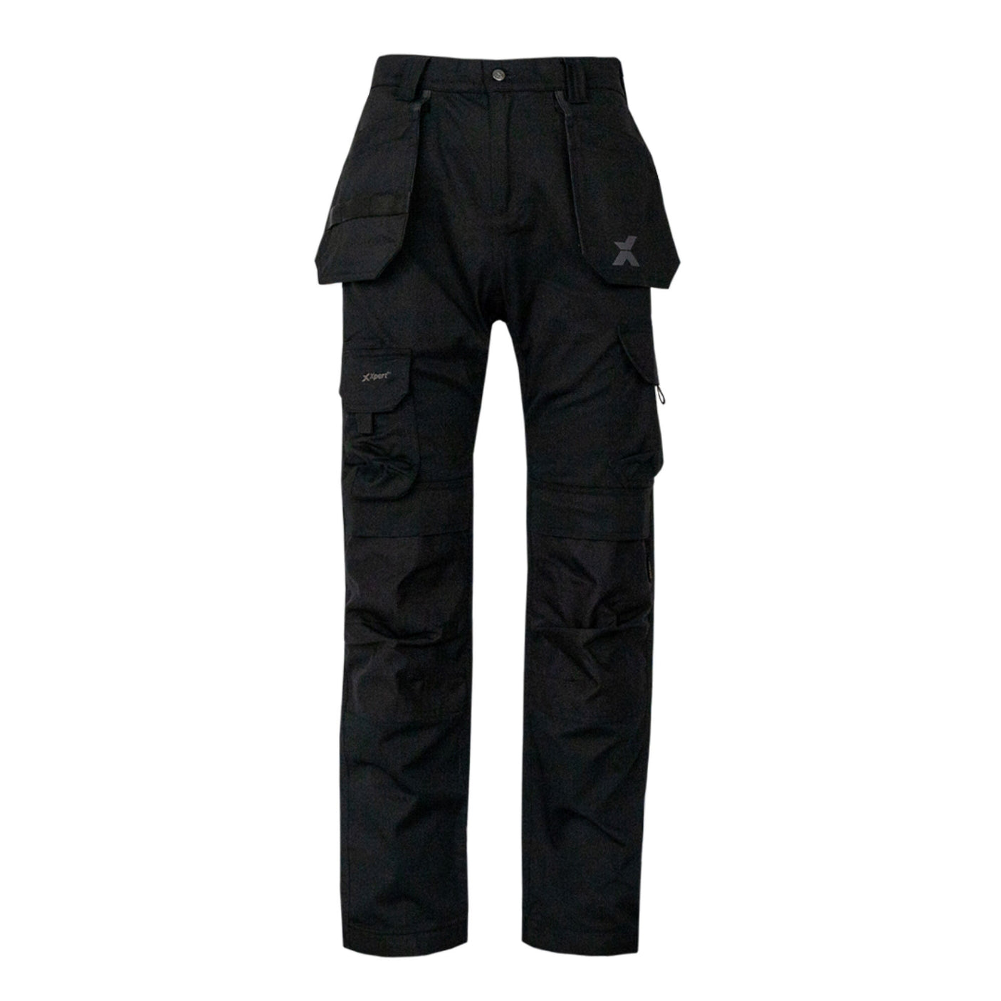 A pair of Cottonmount Xpert Pro Stretch+ Work Trousers in black, featuring multiple pockets, belt loops, and Cordura reinforcements for extra durability, displayed against a white background.