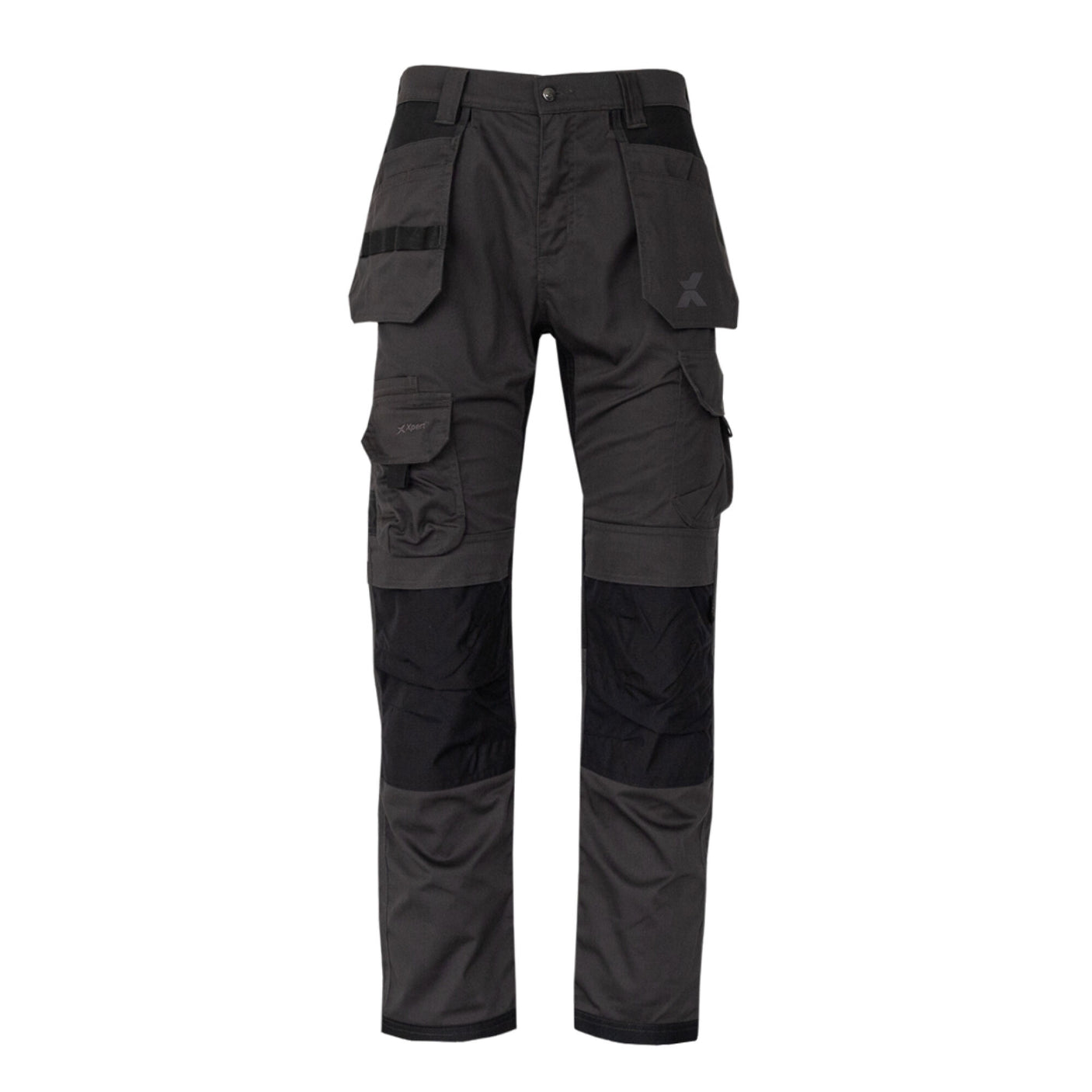 A pair of Cottonmount Xpert Pro Stretch+ Work Trousers in Grey/Black, featuring multiple pockets, knee reinforcement with Genuine Cordura® fabric, and a button and zip fly closure. Made from durable Polyester/Cotton Stretch fabric for enhanced comfort and flexibility.