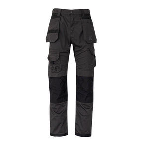 A pair of Cottonmount Xpert Pro Stretch+ Work Trousers in Grey/Black, featuring multiple pockets, knee reinforcement with Genuine Cordura® fabric, and a button and zip fly closure. Made from durable Polyester/Cotton Stretch fabric for enhanced comfort and flexibility.