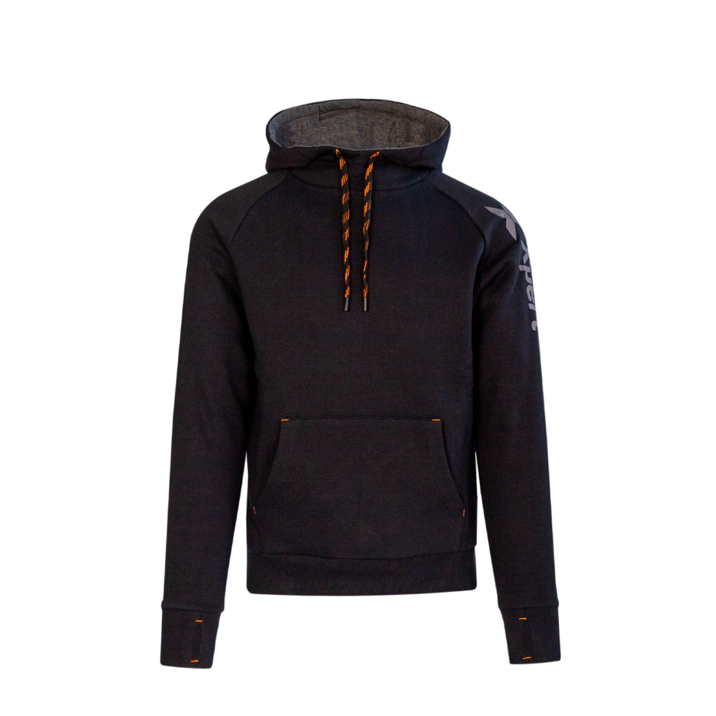 A Cottonmount Xpert Pro Pullover Hoodie in black, featuring orange drawstrings and accents, a kangaroo pocket, and a printed design on the right sleeve. This Tough X™ Hardwearing hoodie provides a modern fit ideal for everyday wear.