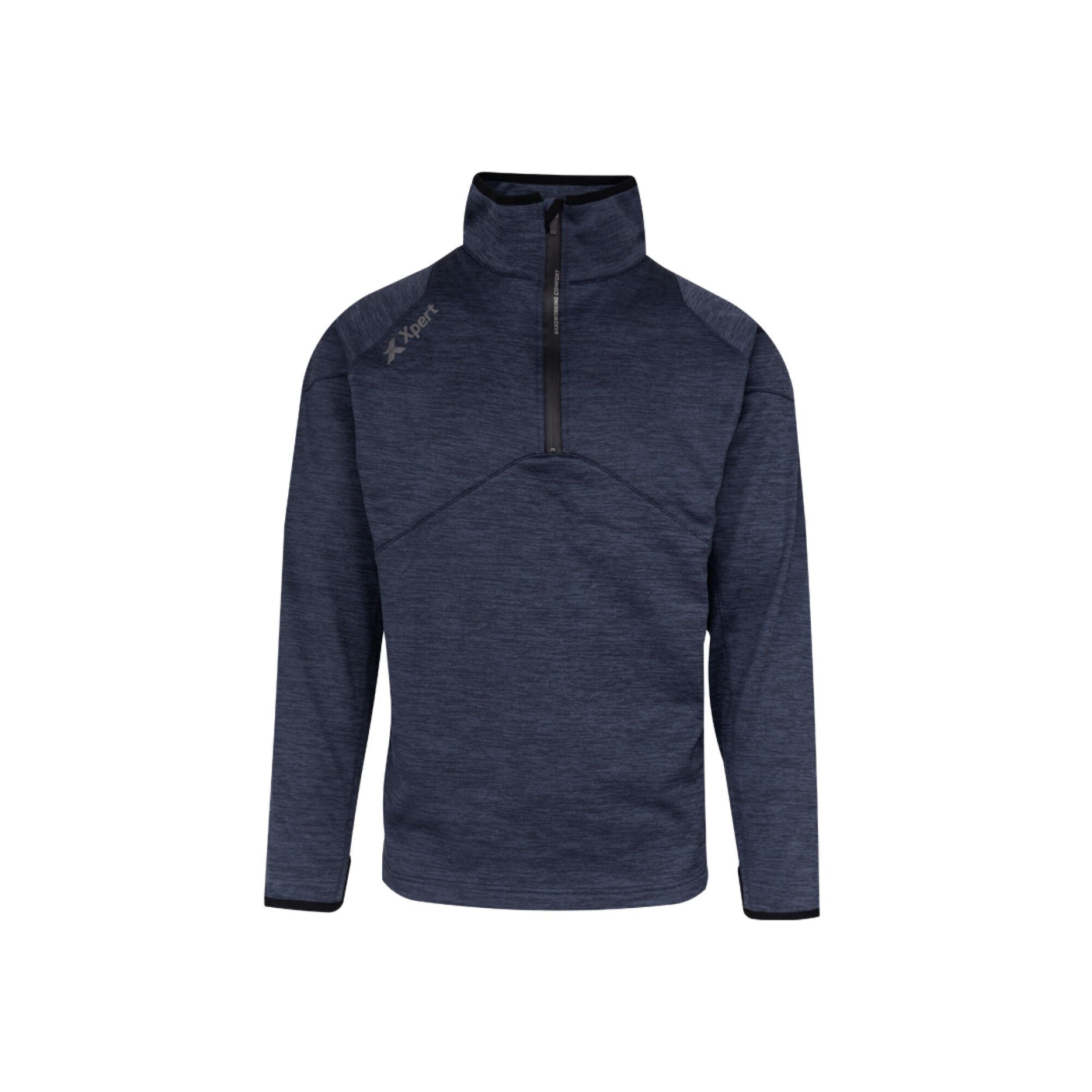 The Xpert Pro Half Zip Tech Fleece Navy by Cottonmount is a long-sleeved pullover with a zippered collar, designed with Active-X Sports technology fabrics for superior comfort, featuring branding on the left shoulder.