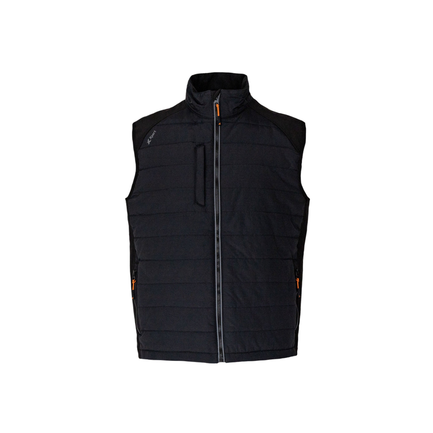 Black sleeveless zip-up vest with a high collar and two front pockets, crafted as an Xpert Pro Rip-Stop Panelled Bodywarmer from Cottonmount. This breathable garment is water and tear resistant for added durability.