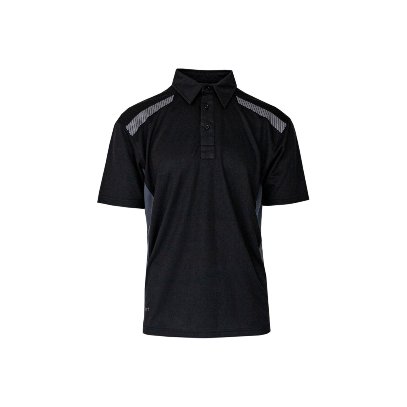 The Cottonmount Xpert Pro Stretch Polo Shirt Black/Grey: A black, short-sleeved polo shirt featuring a buttoned collar, light grey shoulder accents, and breathable stretch material with an anti-bacterial wicking treatment.