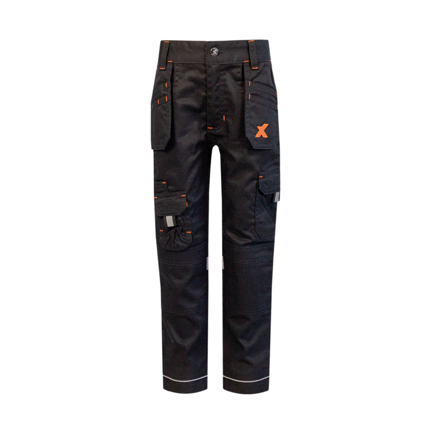 The Xpert Pro Junior Stretch Work Trouser in Black by Cottonmount features multiple pockets, orange accents, and a logo on the left leg. It includes 360° stretch panels for flexibility and Hi-visibility reflective detailing for added safety.