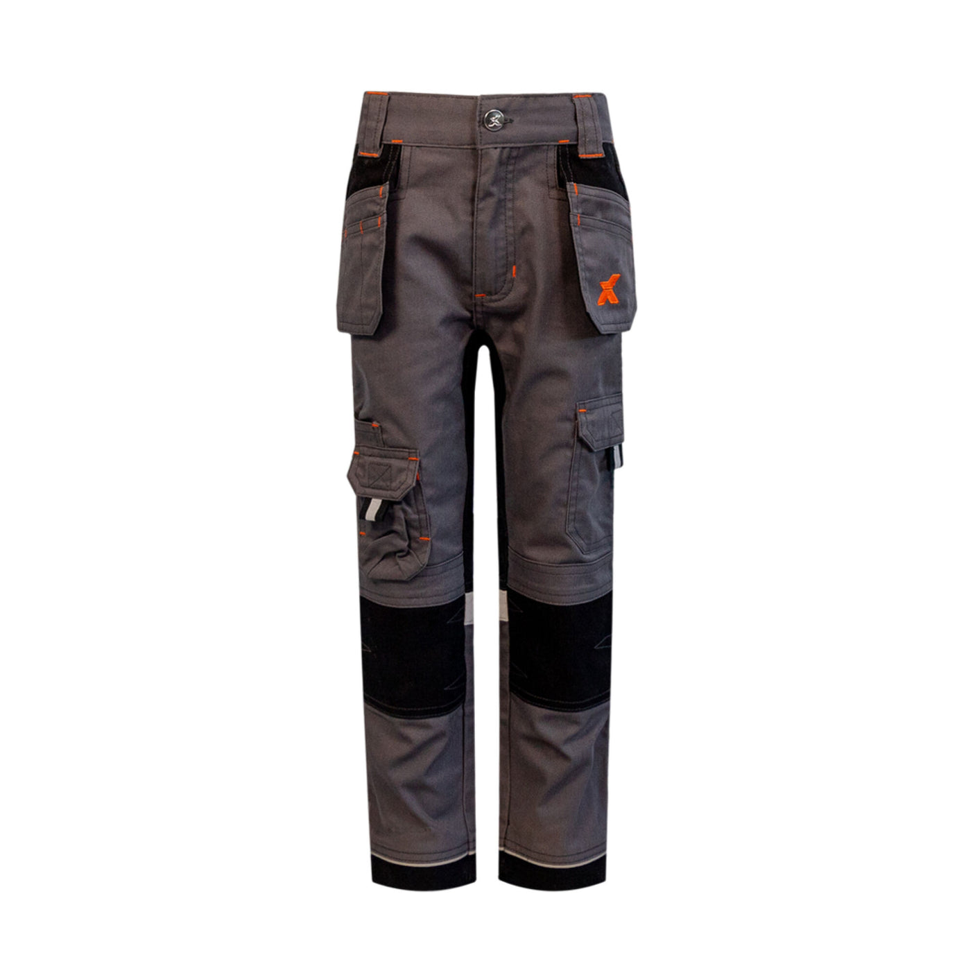 The Cottonmount Xpert Pro Junior Stretch Work Trouser in grey features multiple pockets, black knee reinforcements, and orange stitching details on a white background. These trousers also offer 360° stretch panels for added comfort and hi-visibility reflective detailing for enhanced safety.