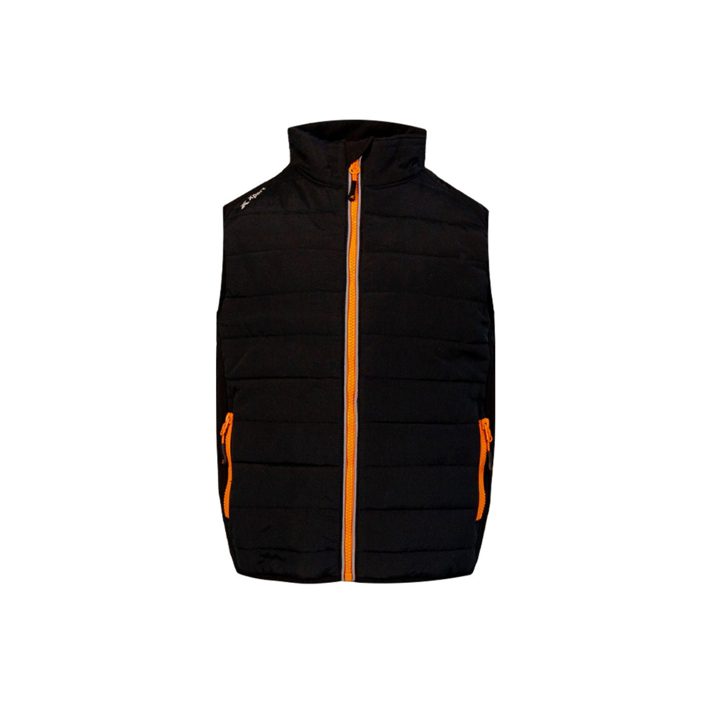 A black Xpert Pro Junior Rip-Stop Panelled Bodywarmer by Cottonmount, featuring a high collar, bright orange zippers on the front and pockets, and hi-visibility reflective detailing.