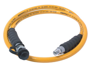 Introducing the Parker KarryKrimp Hose 1830mm (85C-00L) by Sparex, a yellow hydraulic hose with black grips and metal connectors on both ends, featuring a 3/8 NPT male thread. Coiled in a circular shape, it's perfect for all your Parker system needs. Sparex Part Number: S.1000005.