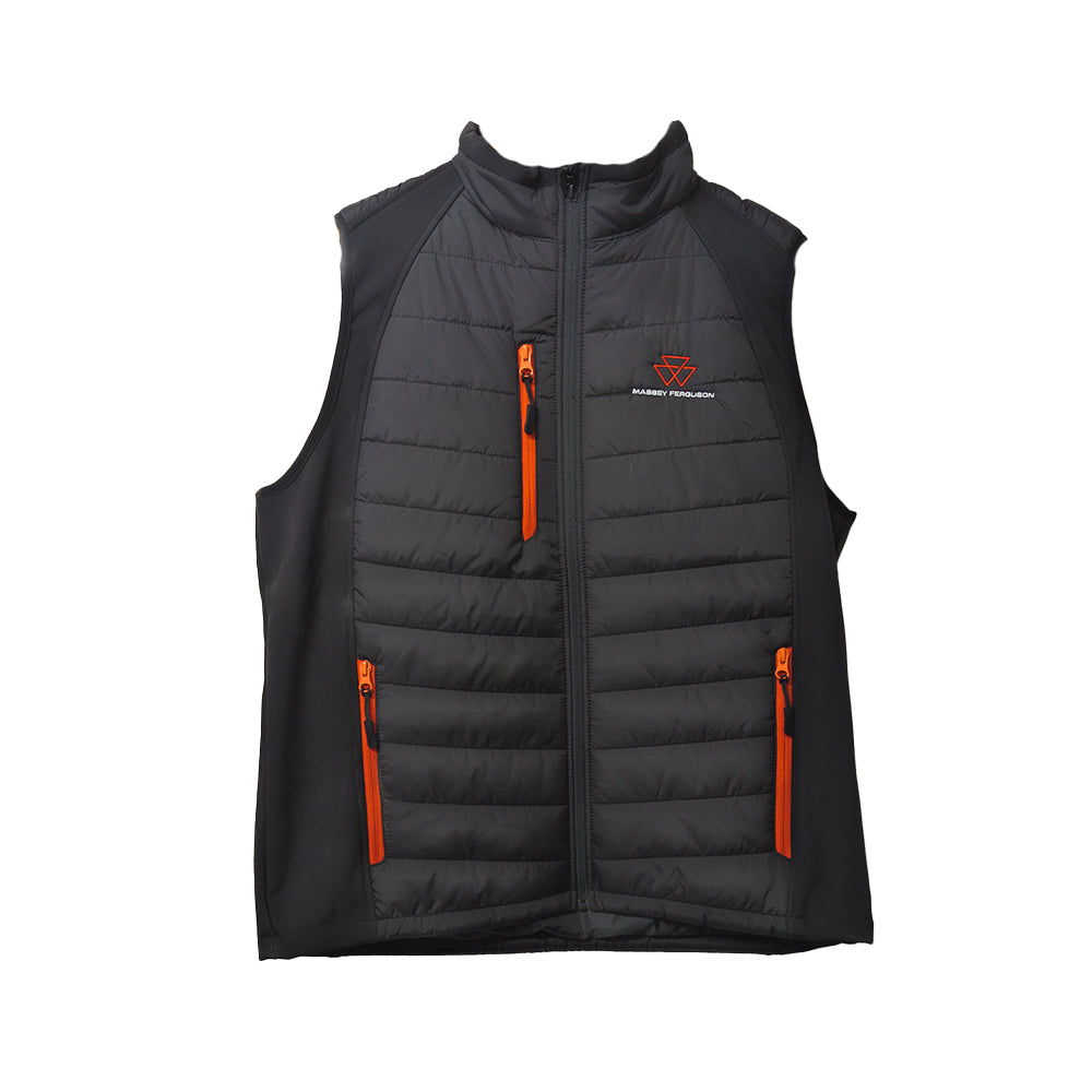 Introducing the AGCO Massey Ferguson Gilet - RS238MF, available in sizes XS to 2XL; this black sleeveless padded jacket features a front zipper, two vertical pockets with orange zippers, and an embroidered Massey Ferguson logo on the left chest, making it ideal for outdoor adventures.