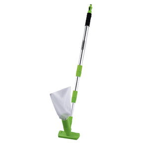 The Draper Pond And Pool Vacuum Cleaning Kit (4 Piece) - PFC includes a telescopic pool skimmer with a green handle and white net, ideal for efficiently removing debris from swimming pools. This versatile skimmer can be seamlessly integrated into any pond cleaning kit and is designed to work alongside the Draper water filtration vacuum.