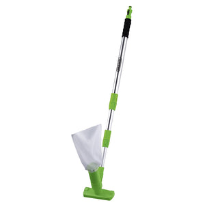 The Draper Pond And Pool Vacuum Cleaning Kit (4 Piece) - PFC includes a telescopic pool skimmer with a green handle and white net, ideal for efficiently removing debris from swimming pools. This versatile skimmer can be seamlessly integrated into any pond cleaning kit and is designed to work alongside the Draper water filtration vacuum.