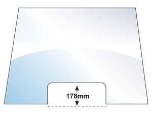 A rectangular piece of glass with a concave notch at the bottom edge, clearly labeled "178mm" to indicate the width of the notch, is precisely designed for MF 350 and sold under the product name Windscreen (Sparex Part Number: S.10001) by Sparex.