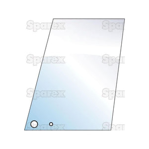 Illustration of a rectangular glass panel, labeled as Sparex Part No.S.10003, featuring two circular holes of different sizes near the corner. The word "Sparex" is watermarked multiple times across the image. This Door Glass RH & LH panel, ideal for Massey Ferguson machinery, is designed to fit seamlessly with a gas strut attachment.