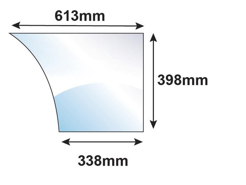 A diagram shows a quadrilateral door glass, labeled as Sparex Door Glass RH & LH with dimensions: 613mm on the top, 338mm on the bottom, 398mm on the right, and a curved left side (Sparex Part No. S.10004).