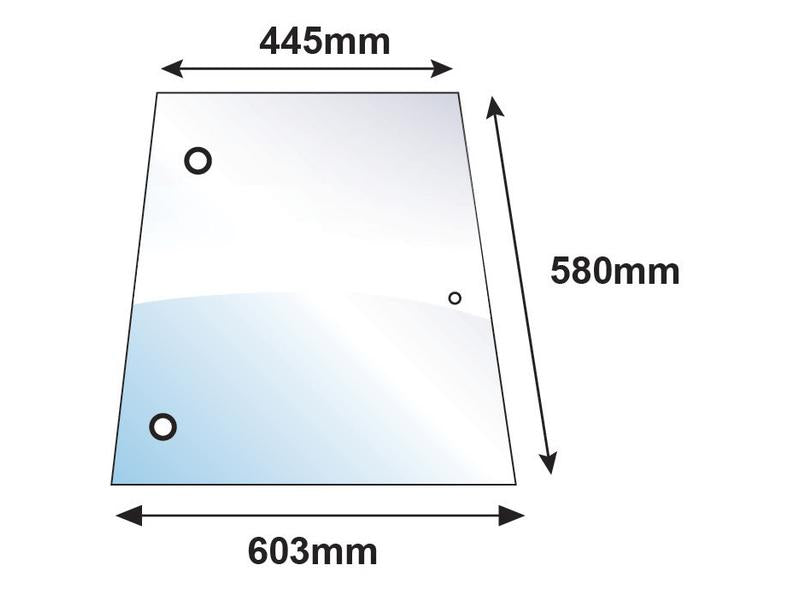 A trapezoidal sheet with three holes and dimensions: 445mm top width, 603mm bottom width, and 580mm height, ideal for Massey Ferguson cab S/N applications or fitting with glazing rubber. Product Name: Side Glass LH/RH | Sparex Part No.S.10006 by Sparex.