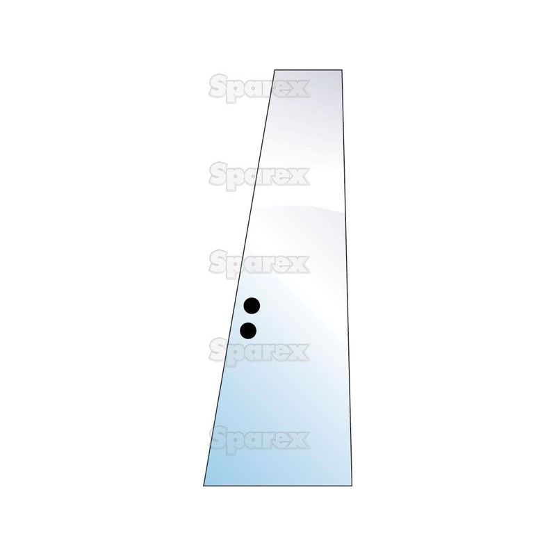 Green tinted triangular glass panel with two circular holes in the center, labeled with the Sparex watermark. Ideal for Massey Ferguson tractor parts. Product Name: Door Glass RH & LH | Sparex Part No.S.10038