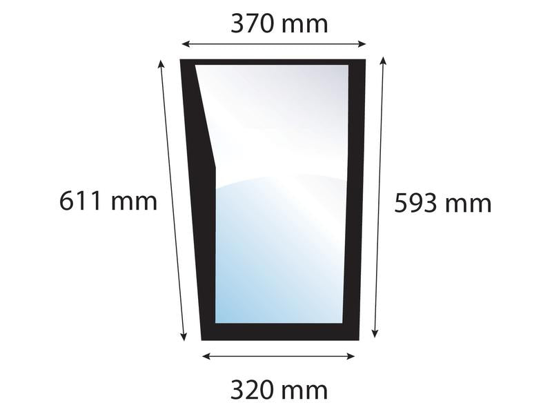 Diagram of a trapezoidal glass pane with Sparex Part No. S.100434 dimensions marked: 370 mm (top width), 320 mm (bottom width), 611 mm (left height), and 593 mm (right height). Product Name: Lower Front Glass LH, Brand Name: Sparex.