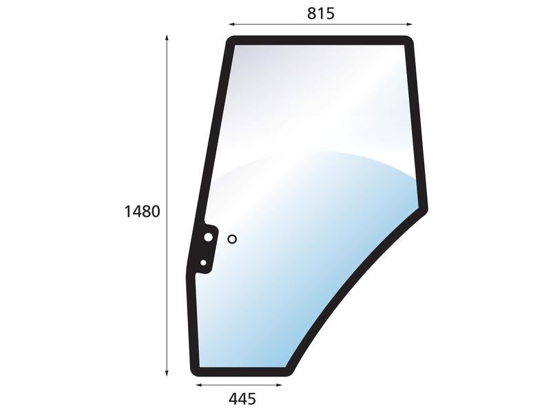 Diagram of the Door Glass LH (Sparex Part No. S.100436) with dimensions: 1480 mm height, 815 mm top width, and 445 mm bottom width. The glass has a curved shape with 3 mounting holes and is compatible with Massey Ferguson models. Brand: Sparex.