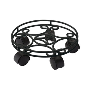 Introducing the Draper Steel Plant Caddy - SPC by Draper, a durable black round plant caddy featuring a decorative swirl design. Crafted from steel, it comes equipped with four caster wheels to facilitate easy movement of heavy potted plants.