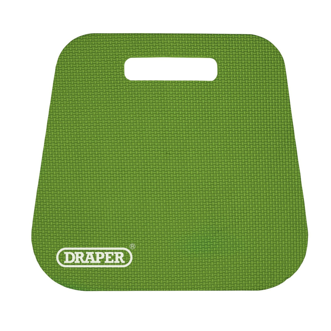 A green, rectangular Draper Garden Kneeler - GK2L with a textured EVA foam surface, featuring a handle cutout at the top and the "Draper" brand printed in white at the bottom left corner for added comfort.