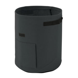 The Draper Felt Grow Bag And Vegetable Planter - FFGB by Draper is a cylindrical, dark green fabric planter that features a small external pocket and a side handle.