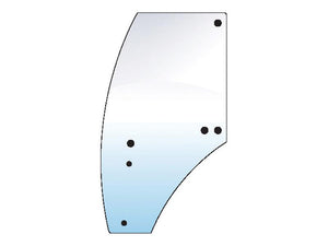 Introducing the Sparex Door Glass LH (Sparex Part Number: S.100988). This curved, transparent panel features rounded corners and six strategically placed black holes along its edges for an LH fitting. The gradient change from blue at the bottom to clear at the top signals a variation in transparency, while the included glazing rubber guarantees a secure and seamless installation.