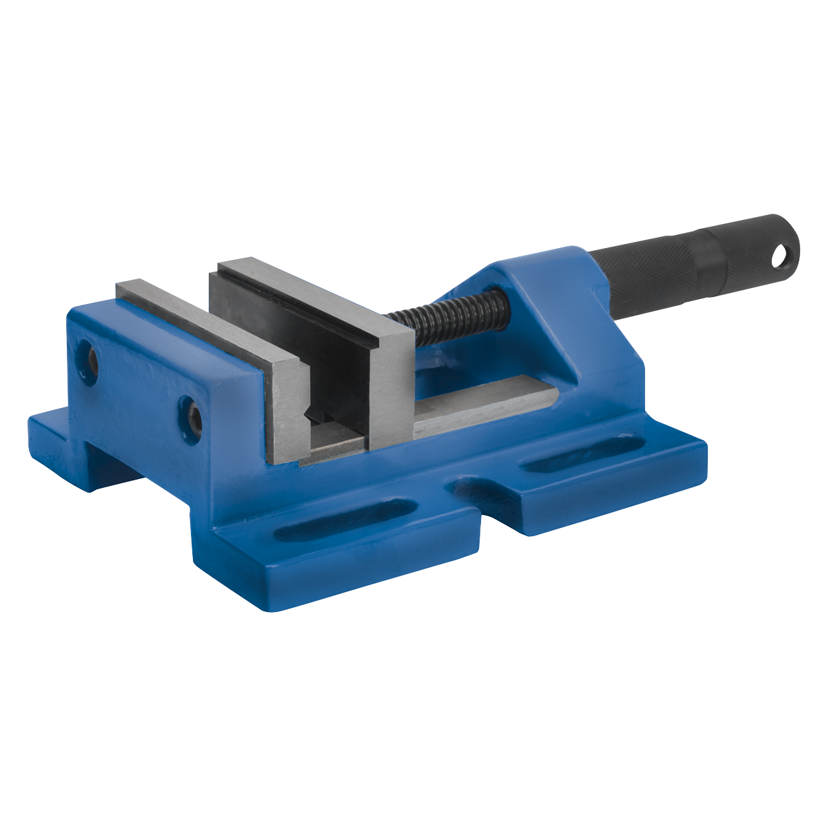 The Sealey Drill Vice Super 100mm Jaw - 100DV is a durable, blue, metal bench vise featuring a black handle and silver jaws, expertly crafted from steel for optimal longevity. It is perfect for securely clamping objects in place and ideal for mounting on a drill table.