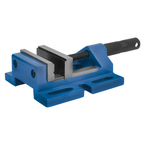 The Sealey Drill Vice Super 100mm Jaw - 100DV is a durable, blue, metal bench vise featuring a black handle and silver jaws, expertly crafted from steel for optimal longevity. It is perfect for securely clamping objects in place and ideal for mounting on a drill table.