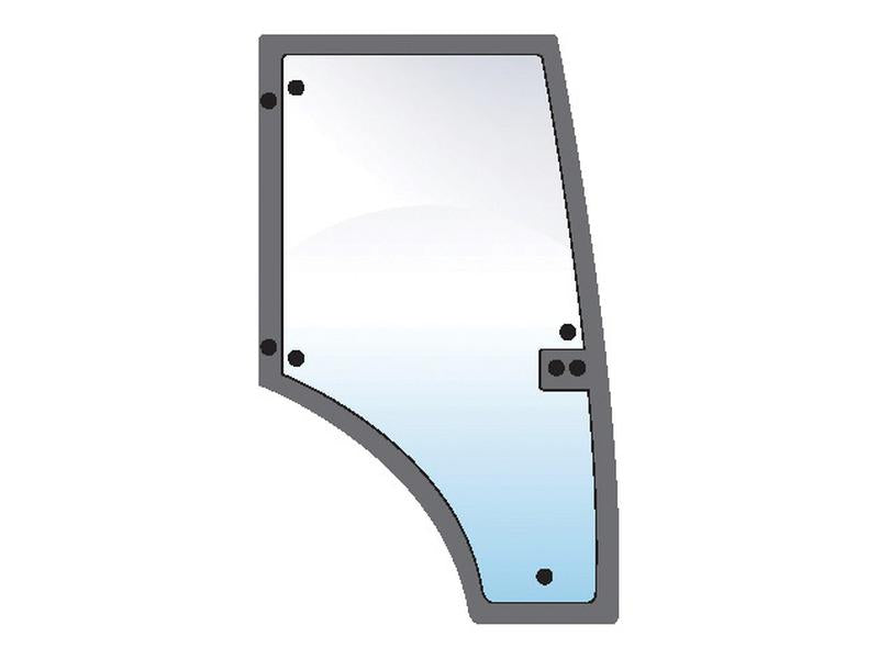 Illustration of the Door Glass RH & LH (Sparex Part Number: S.101032) featuring a trapezoidal shape, a black border, multiple mounting holes, and detailed glazing rubber to ensure a secure fit.