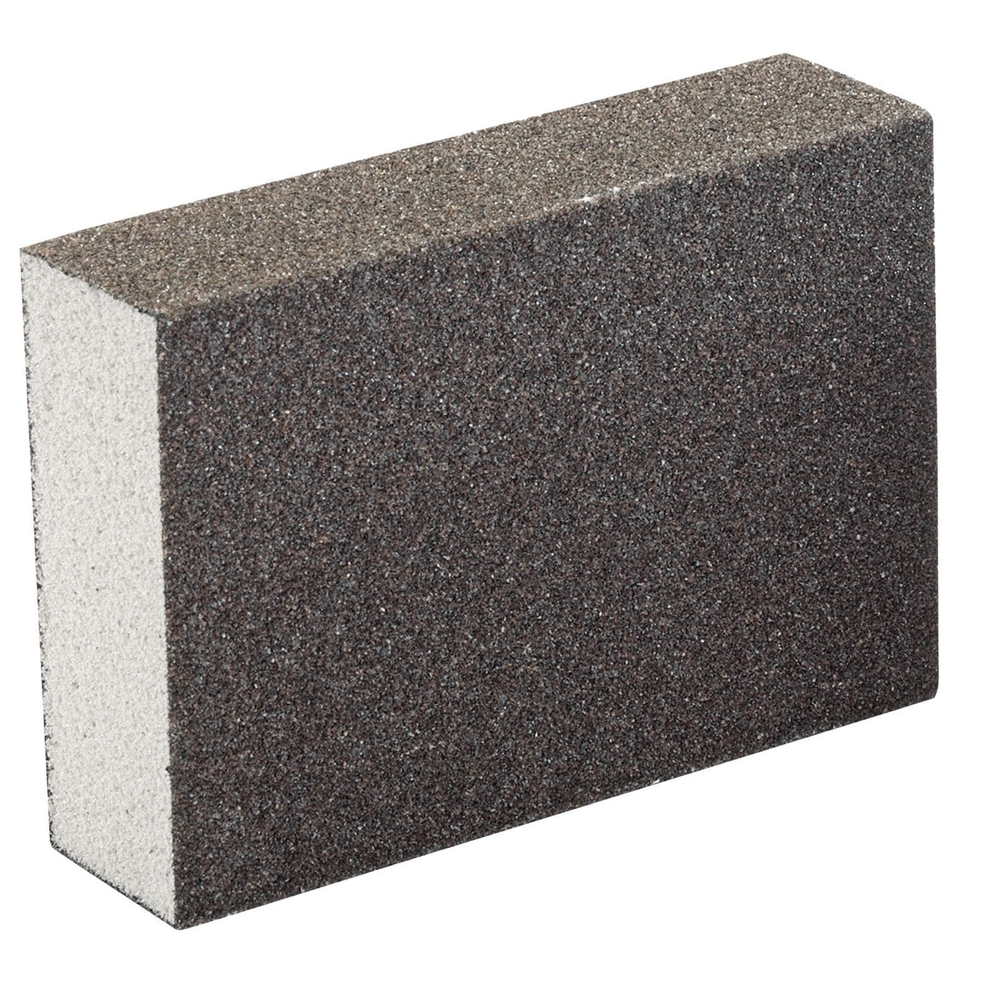 A Draper Flexible Sanding Sponge, Fine/Medium Grit - SP100FM, featuring a coarse, dark grey surface and a white interior, is displayed against a white background, resembling the texture of an abrasive grit.