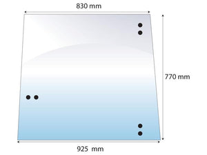 Description: The Sparex Side Glass LH/RH (Sparex Part Number: S.10126) features a trapezoidal, tinted green glass panel measuring 830 mm at the top, 925 mm at the bottom, and 770 mm in height. It has four black dots positioned near the corners and is designed to fit seamlessly with Sparex Cab's glazing rubber.