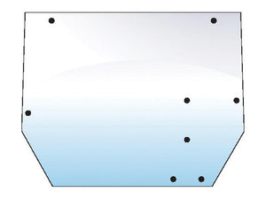 The Sparex Rear Window (Part Number: S.10130) is a transparent, octagonally shaped sheet featuring six black circular holes. It has a wider top edge with inward-angled bottom edges, and a gradient background that fades from white to light blue, reminiscent of a Sparex Cab windshield component.