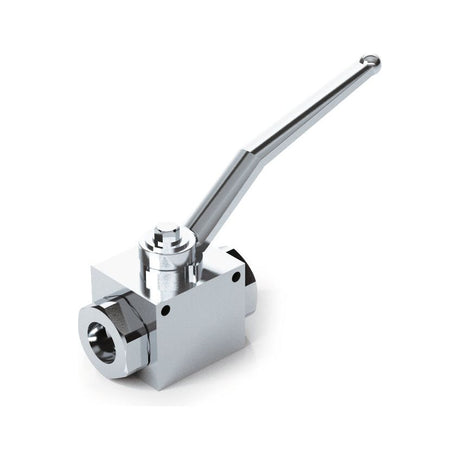 A metallic, square-shaped Sparex Hydraulic 2-Way Shut-off Ball Valve with a long lever handle is shown against a white background. The 1/2'' BSP S.101609 valve has pipe connections on its sides and supports a 60 L/min flow rate.