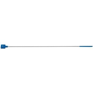 A long, flexible metal rod with a plastic grip on one end and a blue square attachment on the other, ideal for sifting through and examining coarse dirt—known as the Draper Fully Flexible Magnetic Pick Up Tool, 610mm - 5355.