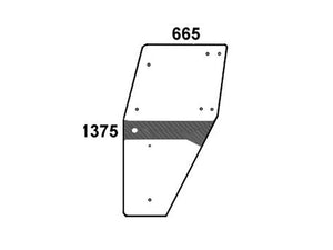 A Sparex Door Glass LH (Sparex Part Number: S.101989) with dimensions labeled as 665 and 1375, featuring 9 holes and a shaded area near the middle.