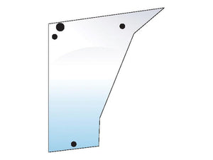 Illustration of an irregularly shaped flat object with three black dots along one edge and one black dot near the opposite corner. The object appears to be translucent with a gradient effect, resembling the Door Glass RH & LH (Sparex Part Number: S.101991) positioned lower within the frame.