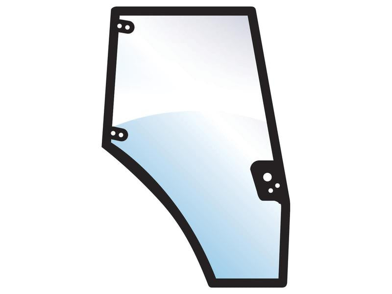 Illustration of the Sparex Door Glass RH (Sparex Part Number: S.101997) with mounting holes in the corners and along one side. The curved window has a slight blue tint and a black border outline, suitable for RH fitting.