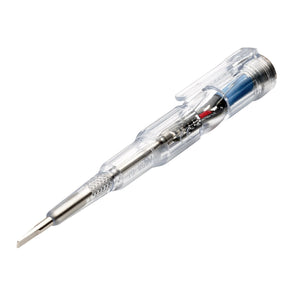 The Draper Multi-Function Mains Tester, 140mm - MFT-140 features a clear plastic handle, metal probe tip, visible internal mechanism, and voltage indicator lamp.