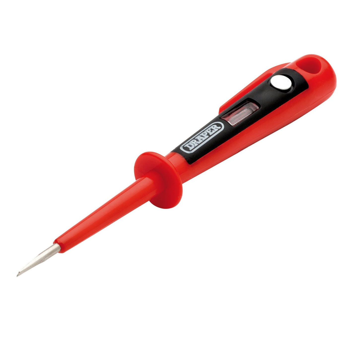 The Draper Abs Mains Tester, 150mm - AMT-150, is a reliable red and black electric tester screwdriver with a voltage indicator, featuring an insulated handle and an accurate voltage testing range.