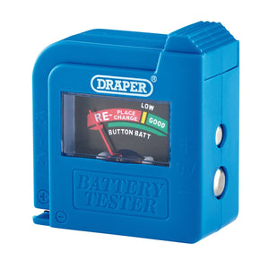 A Draper Universal Battery Tester - MPBT in blue displays a "Replace/Charge" message for low button cell batteries.