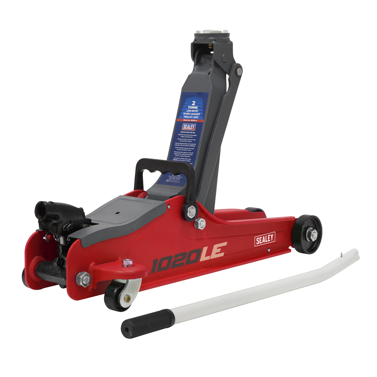 A red Sealey Trolley Jack 2 Tonne Low Profile Short Chassis, model "1020LE," features a detachable white handle placed in front, showcasing a low-profile lifting range and a heavy-duty chassis.