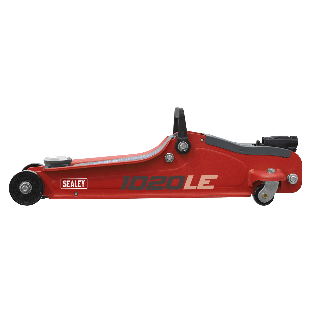 The Sealey Trolley Jack 2 Tonne Low Profile Short Chassis - Red - 1020LE features a heavy-duty chassis and hydraulic unit for efficient vehicle lifting and comes equipped with wheels and a handle.