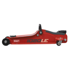 The Sealey Trolley Jack 2 Tonne Low Profile Short Chassis - Red - 1020LE features a heavy-duty chassis and hydraulic unit for efficient vehicle lifting and comes equipped with wheels and a handle.