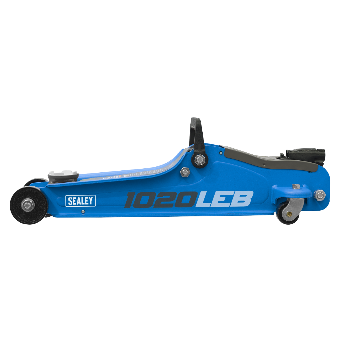 The Sealey Trolley Jack 2 Tonne Low Profile Short Chassis - Blue - 1020LEB, featuring a heavy-duty chassis with black and white accents, is depicted in a side view with visible wheels and handle. Highlighting its robust engineering, it boasts a profiled lifting arm for added stability during use.