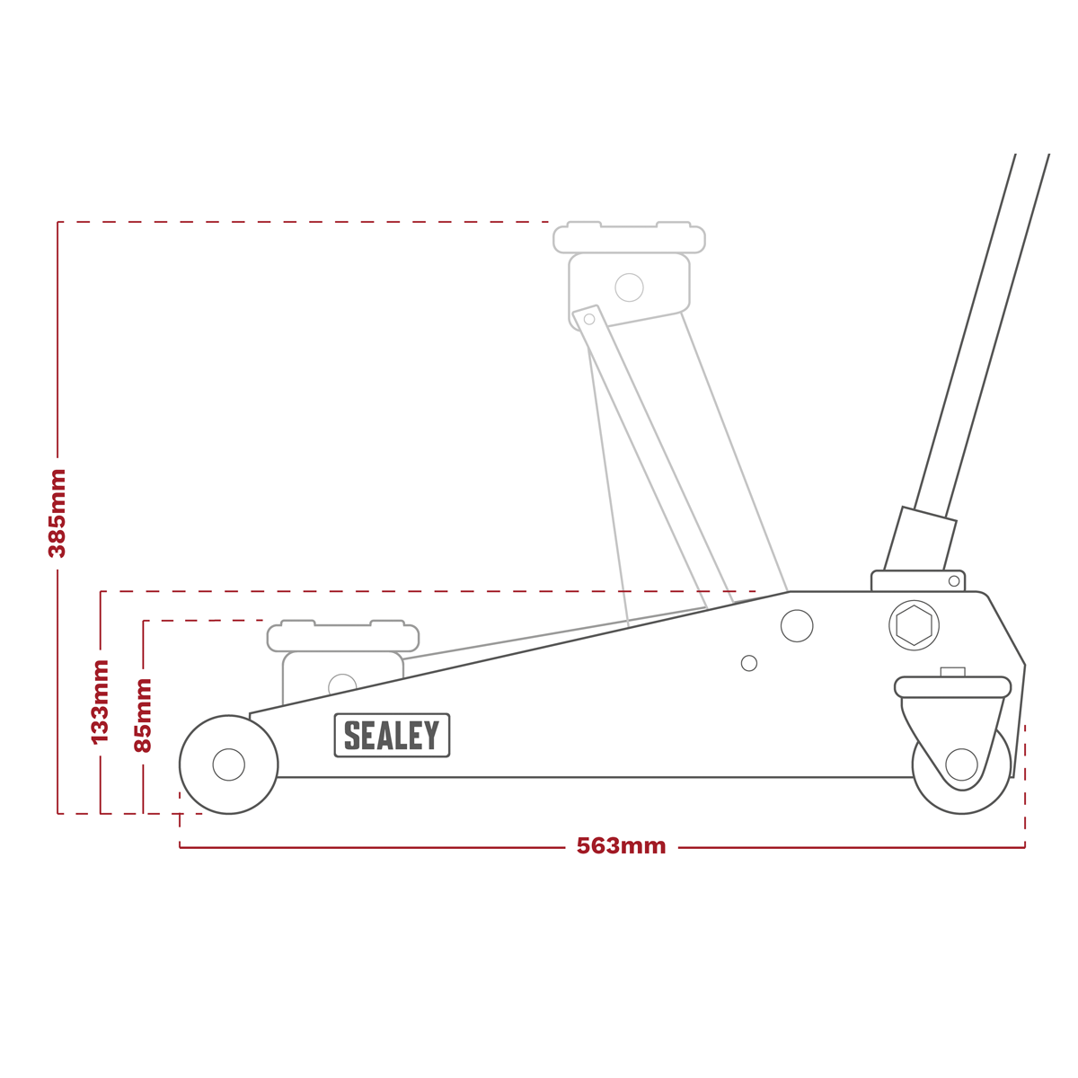 Technical diagram of the Sealey Trolley Jack 2 Tonne Low Entry Short Chassis & Accessories Bag Combo (Model: 1020LEBAGCOMBO) showing dimensions: height 385mm, length 563mm, saddle height range from 85mm to 133mm.